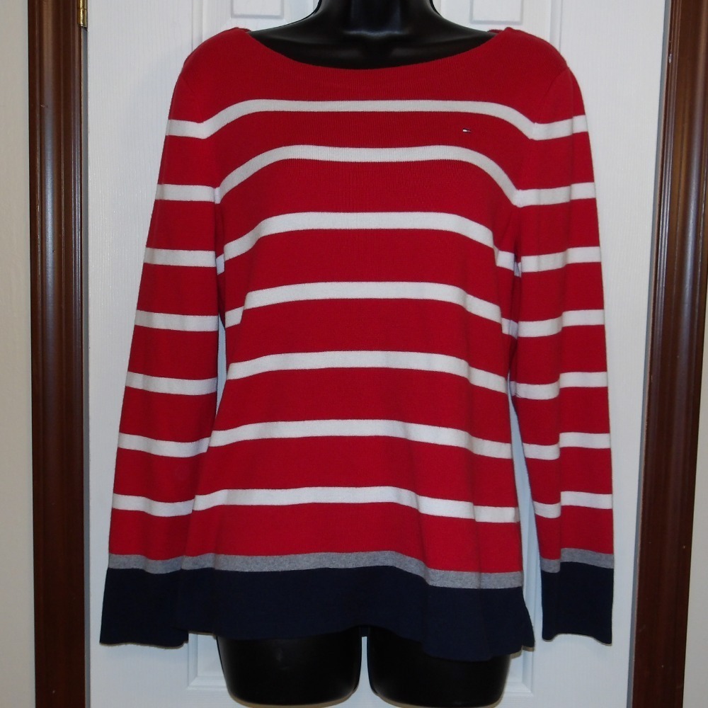 Tommy Hilfiger‎ Striped Boatneck Sweater Red White Long Sleeve Top XXL